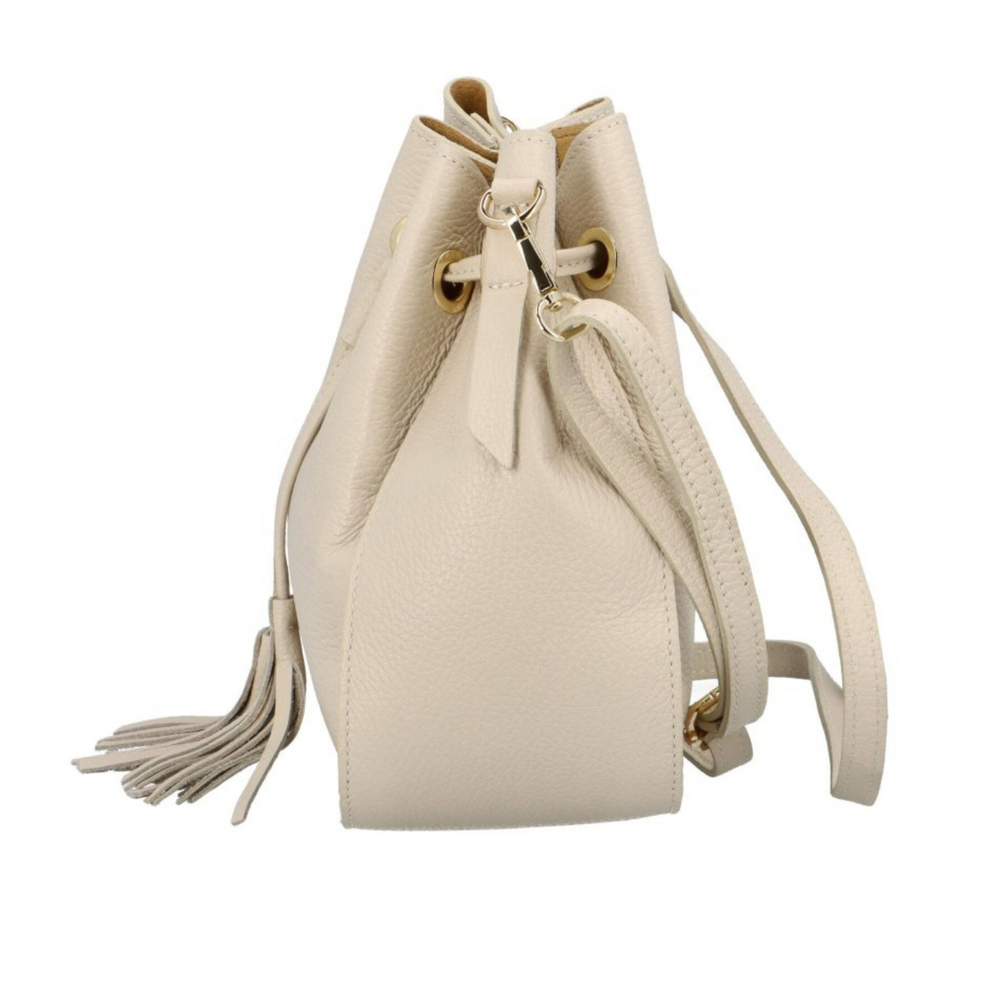 Bolso Cubo en Piel Verdadera "Ros"-Práctico Elegante-Color Beige