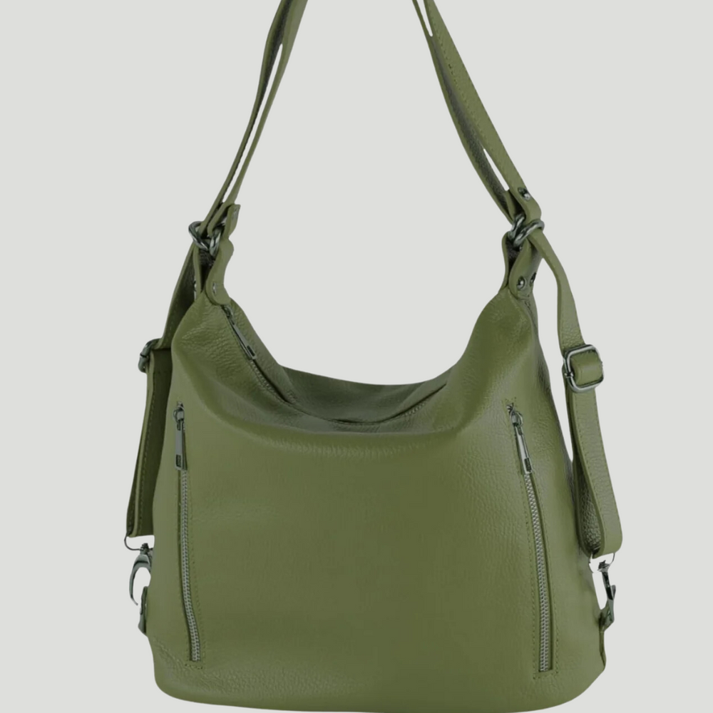 Borsa Zaino in vera Pelle 2 in 1 "Caterina" - Morbida pelle indossabile a spalla o zaino - Colore Verde