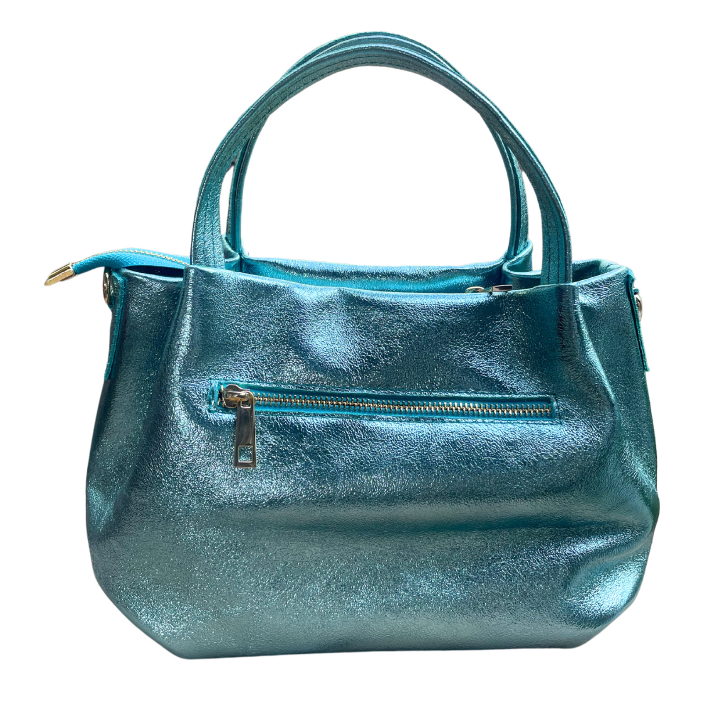 Borsa in vera Pelle "Aurora Metal " - Morbida Pelle Laminata - Colore Celeste Laminato