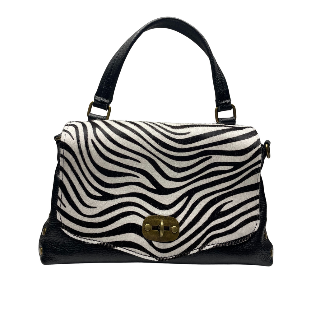 Borsa in vera Pelle "Desertica" - Pelle martellata e patta Cavallino  - Colore Bianco / Nero