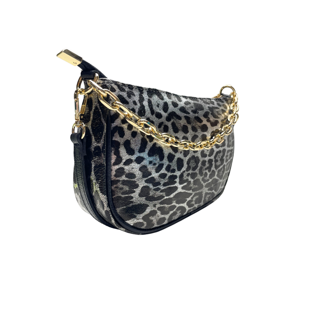 
                      
                        Borsa in vera Pelle "Solara" - A mano tracolla e Spalla Animalier - Colore Argento
                      
                    