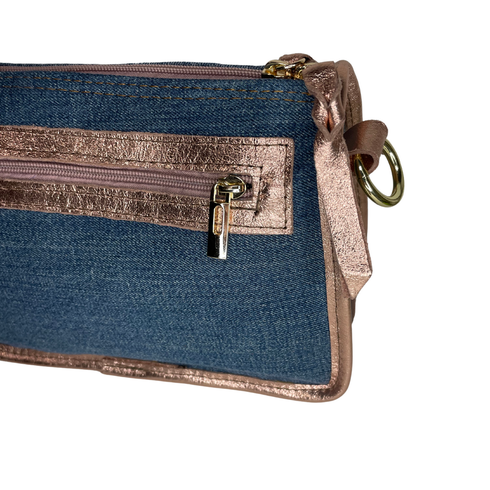 
                      
                        Borsa in vera Pelle "jeans" - Denim e Vera Pelle con Zip - Colore Pelle Laminata Rosa
                      
                    