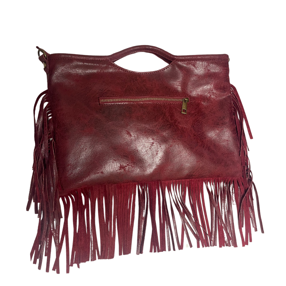 Borsa in vera Pelle "Nebula" - Pelle graffiata con frange - Colore Bourdeaux