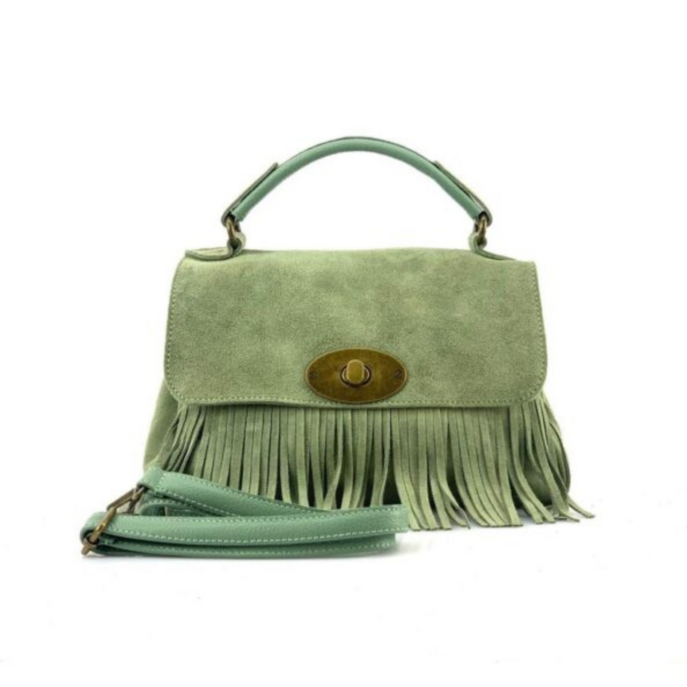 Borsa in vera Pelle Camoscio "Sbirulino" - Morbida con Frange - Colore Verde Acqua