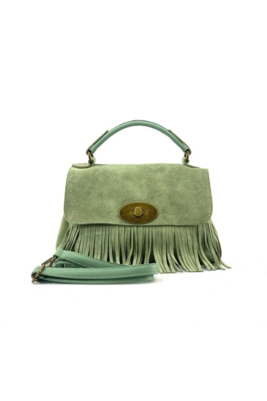 Borsa in vera Pelle Camoscio "Sbirulino" - Morbida con Frange - Colore Verde Acqua